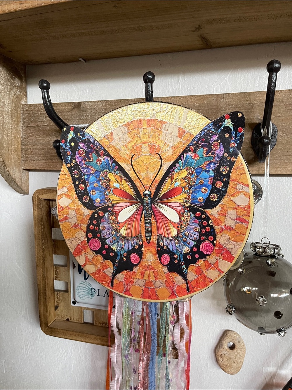 Colorful Butterfly Wall Tambourine Hanging - Vibrant Orange and Black